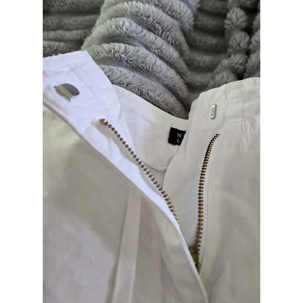 New York & Company White 100% Cotton Drawstring‎ Midi Skirt Size 8 Pockets Slit